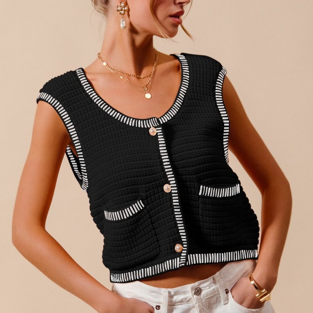 SO ME Textured Sweater‎ Vest Top With Pockets